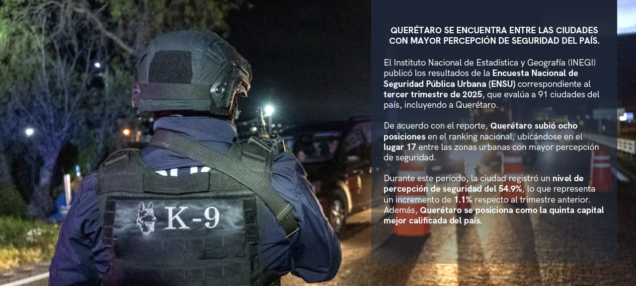 QUERÉTARO ENTRE LAS CIUDADES CON MAYOR PERCEPCIÓN DE SEGURIDAD EN EL PAÍS